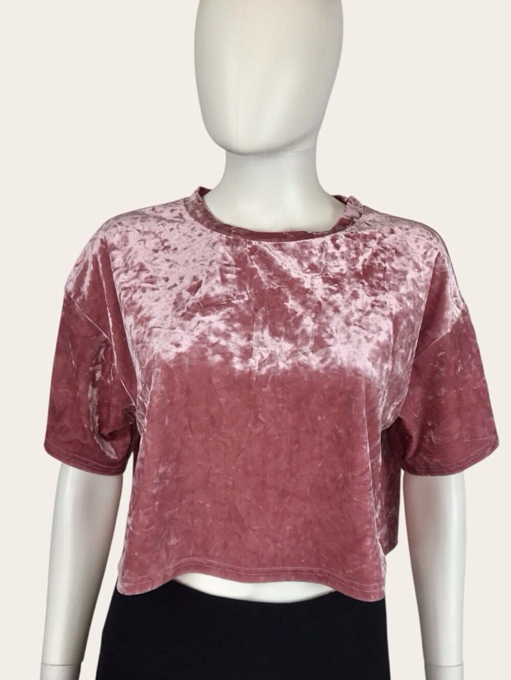 Urban Outfitters Crushed Velvet Blouse Rose Pink Crop Short Sleeves Boxy Tee